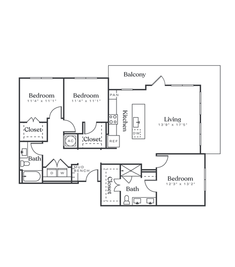 Floor plan for 3 beds, 2 baths, 1447 sqft
